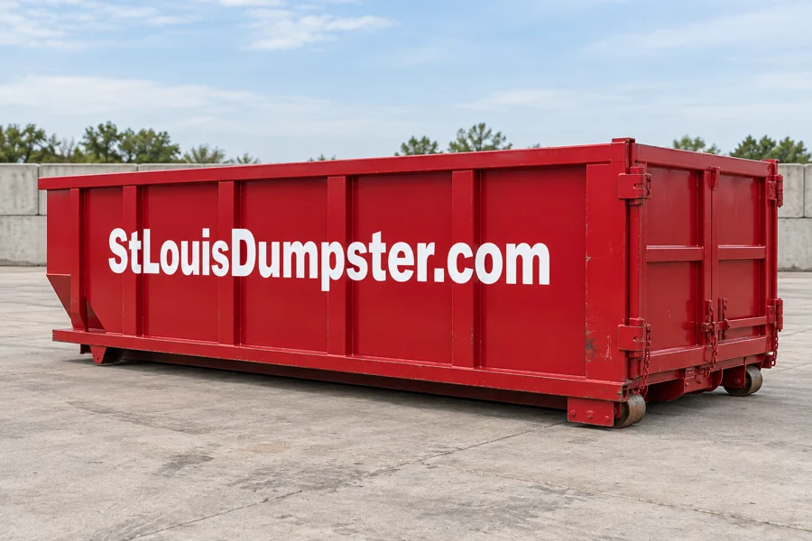 10 yard red roll off dumpster with StLouisDumpster.com on the side
