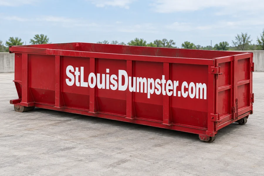 15 yard red roll off dumpster with StLouisDumpster.com on the side