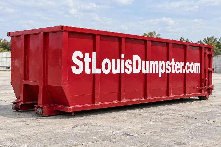 20 yard red roll off dumpster with StLouisDumpster.com on the side