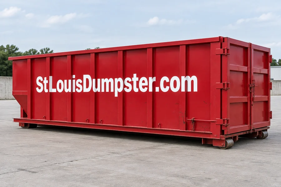 30 yard red roll off dumpster with StLouisDumpster.com on the side