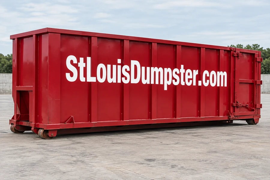 40 yard red roll off dumpster with StLouisDumpster.com on the side