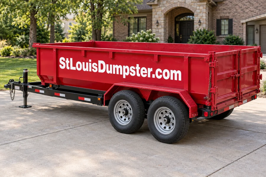 10 yard red rubber wheel dumpster with StLouisDumpster.com on the side