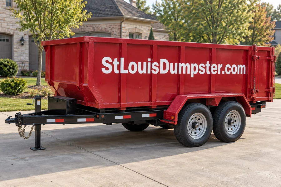 Red branded 15 yard rubber wheel dumpster trailer on a residential driveway