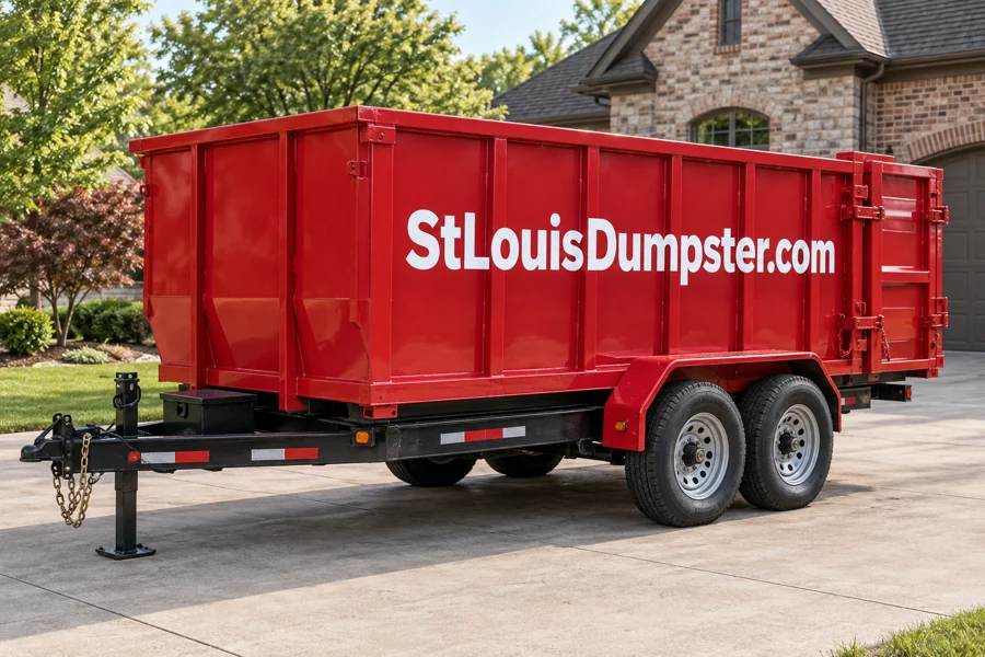 20 yard red rubber wheel dumpster with StLouisDumpster.com on the side